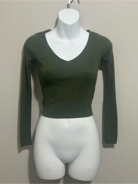 Divided Olive Green Ribbed V-Neck Long Sleeve Top